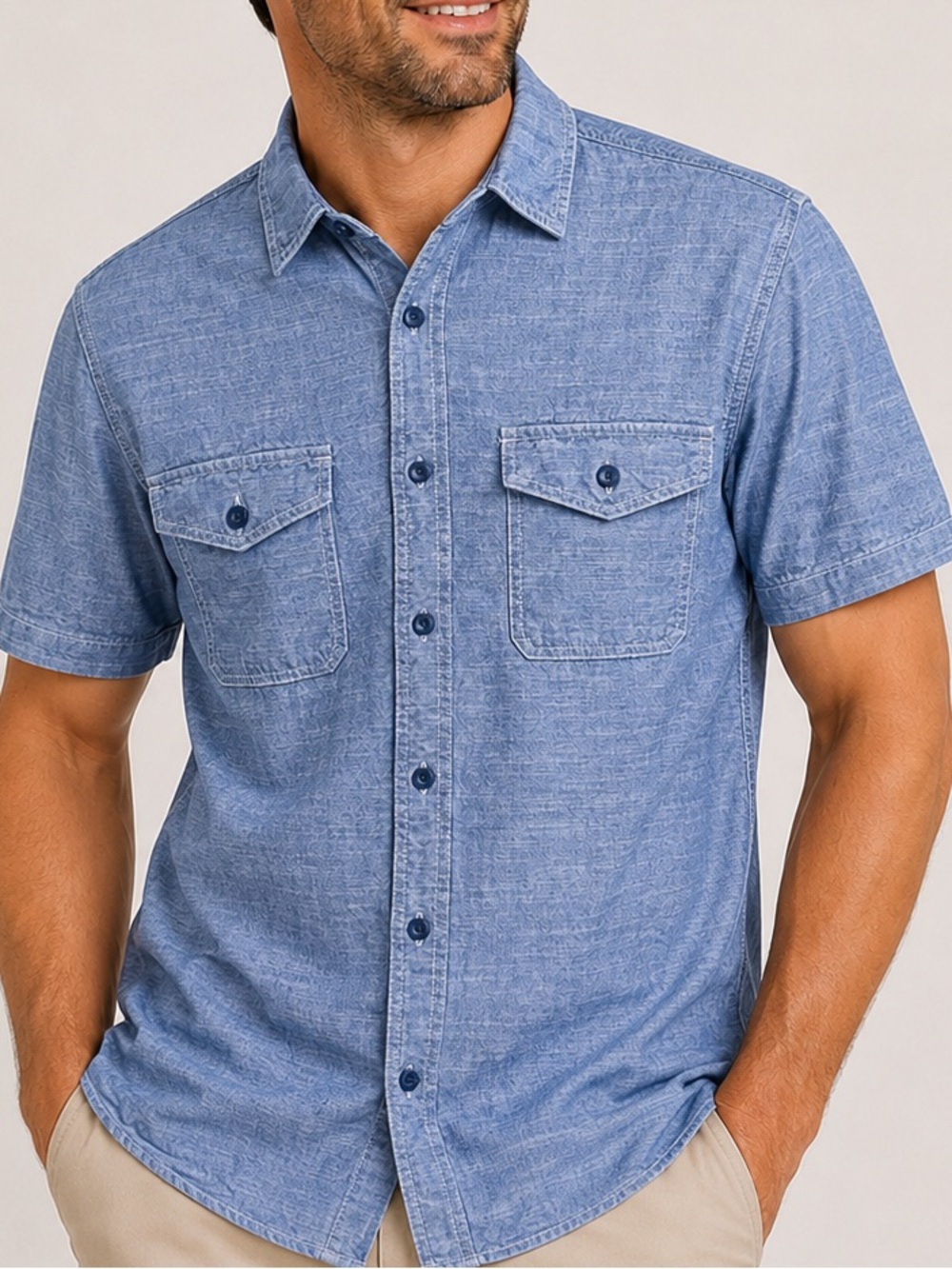 Woolrich Short-Sleeve Chambray Button-Down Shirt in Light Blue